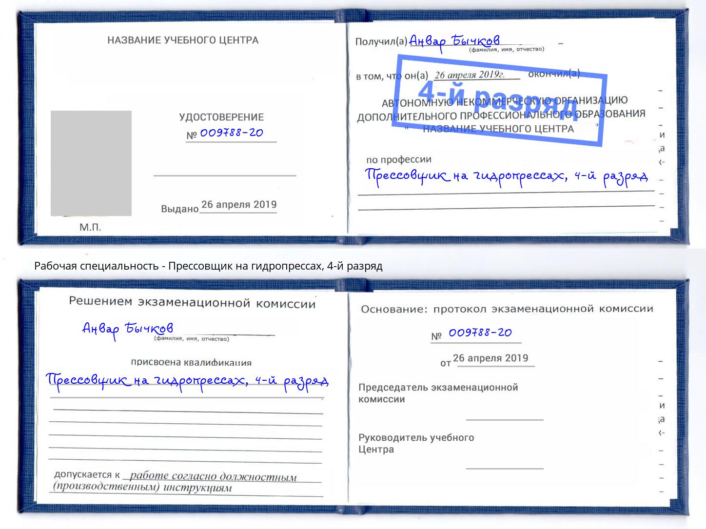 корочка 4-й разряд Прессовщик на гидропрессах Лобня