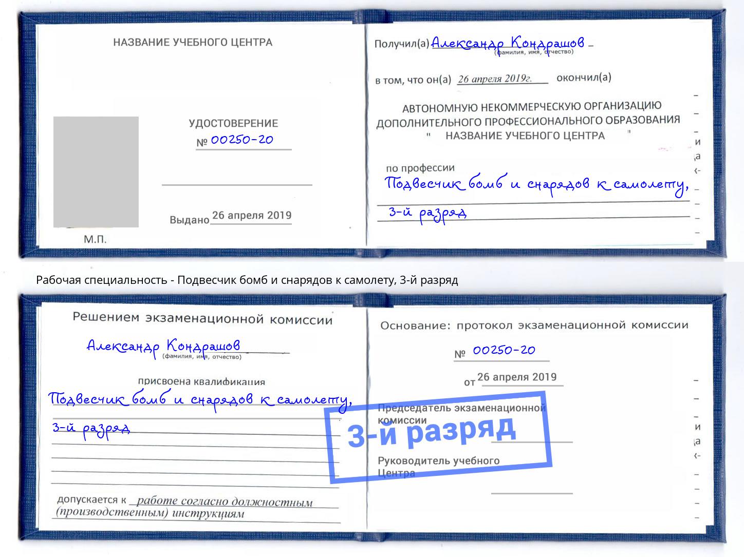 корочка 3-й разряд Подвесчик бомб и снарядов к самолету Лобня