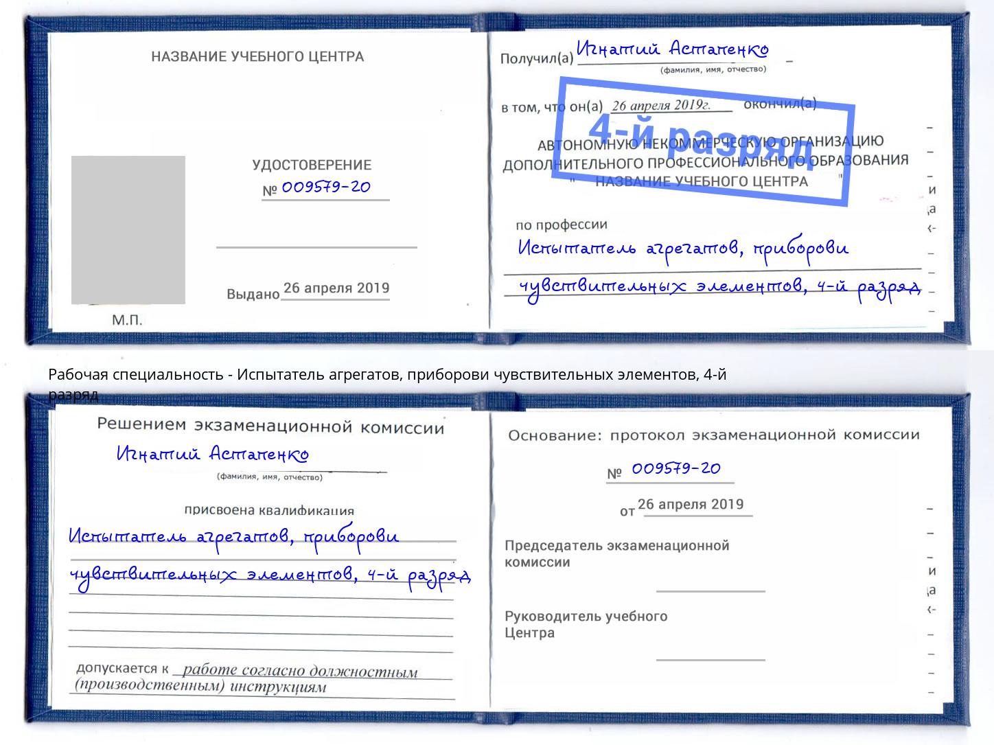 корочка 4-й разряд Испытатель агрегатов, приборови чувствительных элементов Лобня