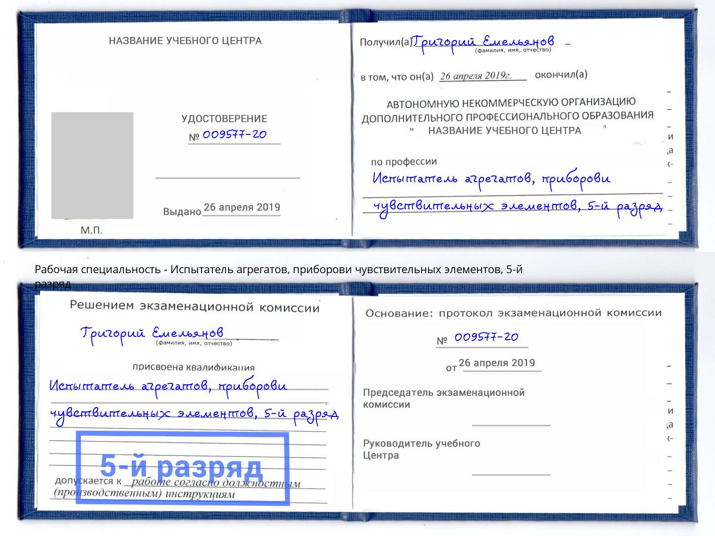 корочка 5-й разряд Испытатель агрегатов, приборови чувствительных элементов Лобня