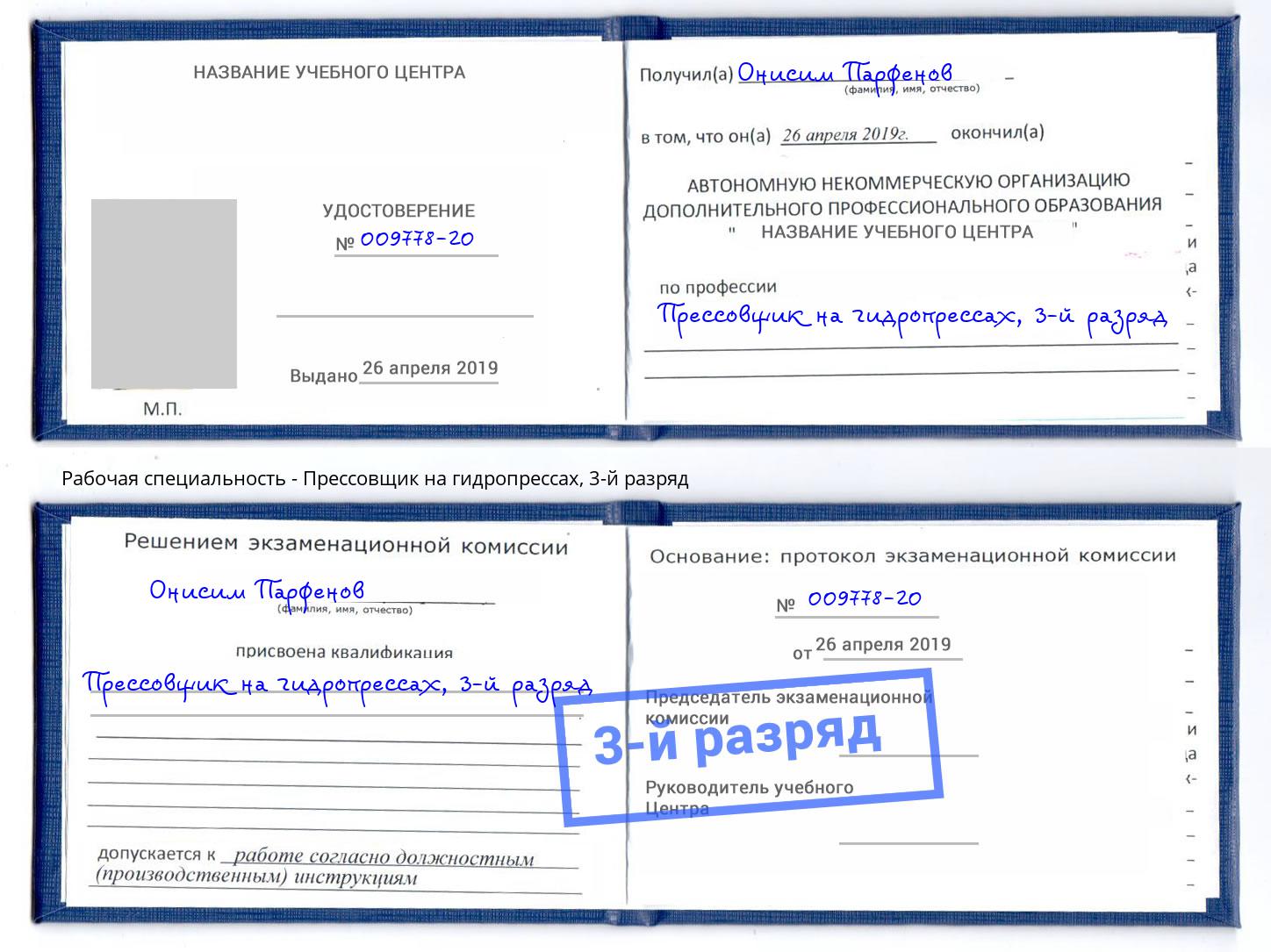 корочка 3-й разряд Прессовщик на гидропрессах Лобня
