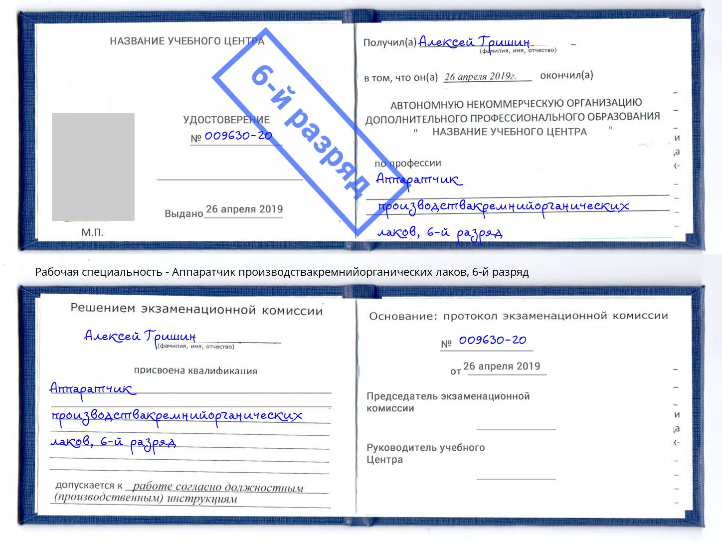 корочка 6-й разряд Аппаратчик производствакремнийорганических лаков Лобня