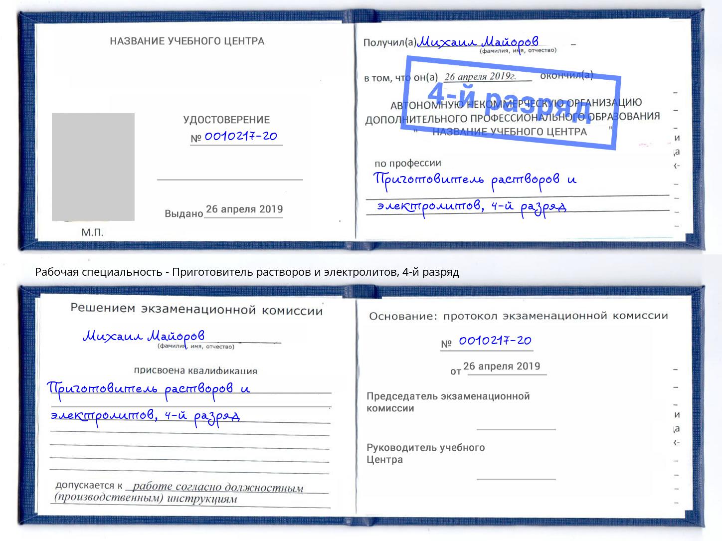 корочка 4-й разряд Приготовитель растворов и электролитов Лобня
