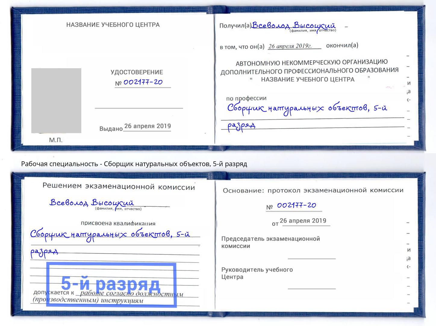 корочка 5-й разряд Сборщик натуральных объектов Лобня