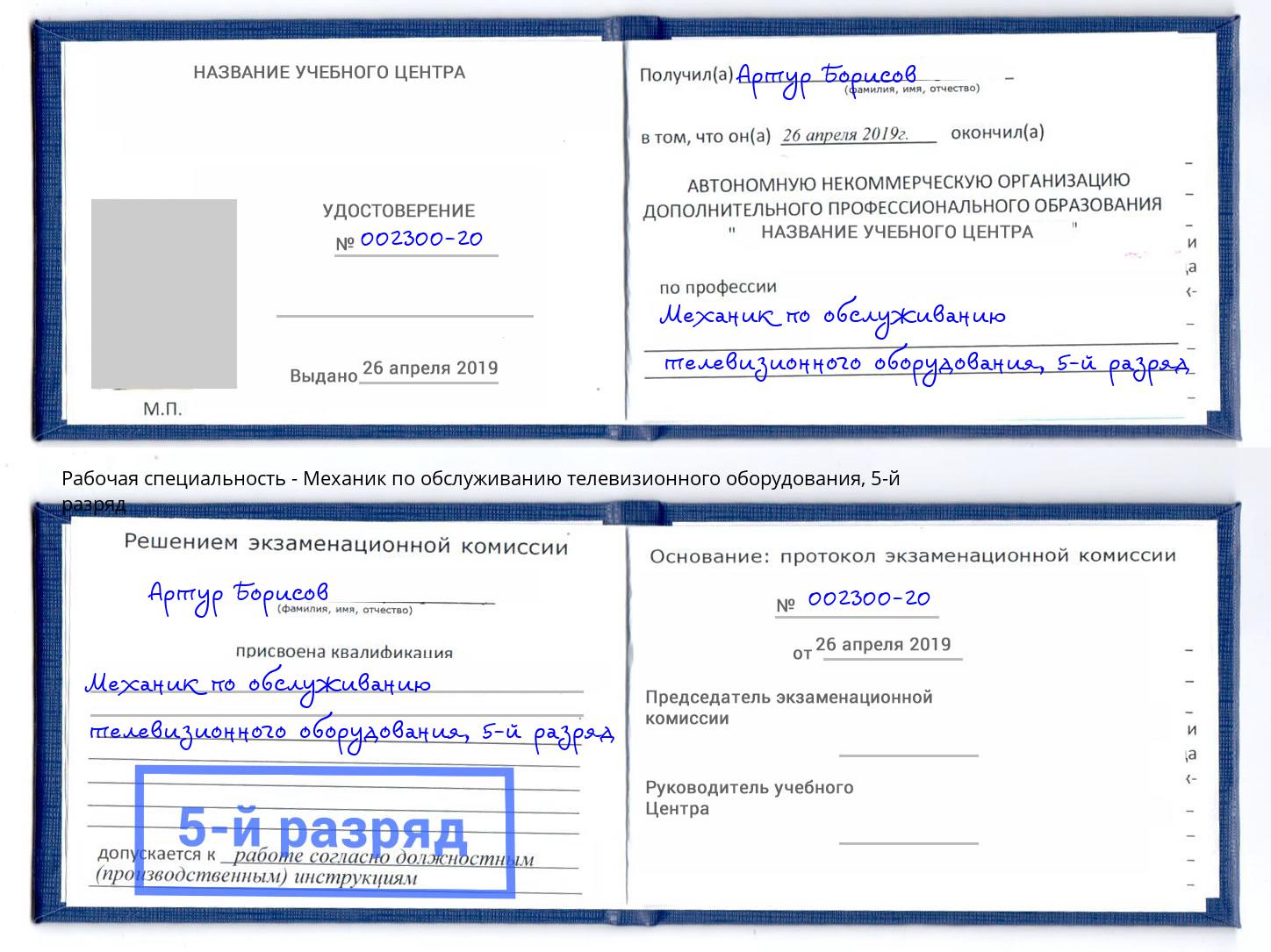 корочка 5-й разряд Механик по обслуживанию телевизионного оборудования Лобня