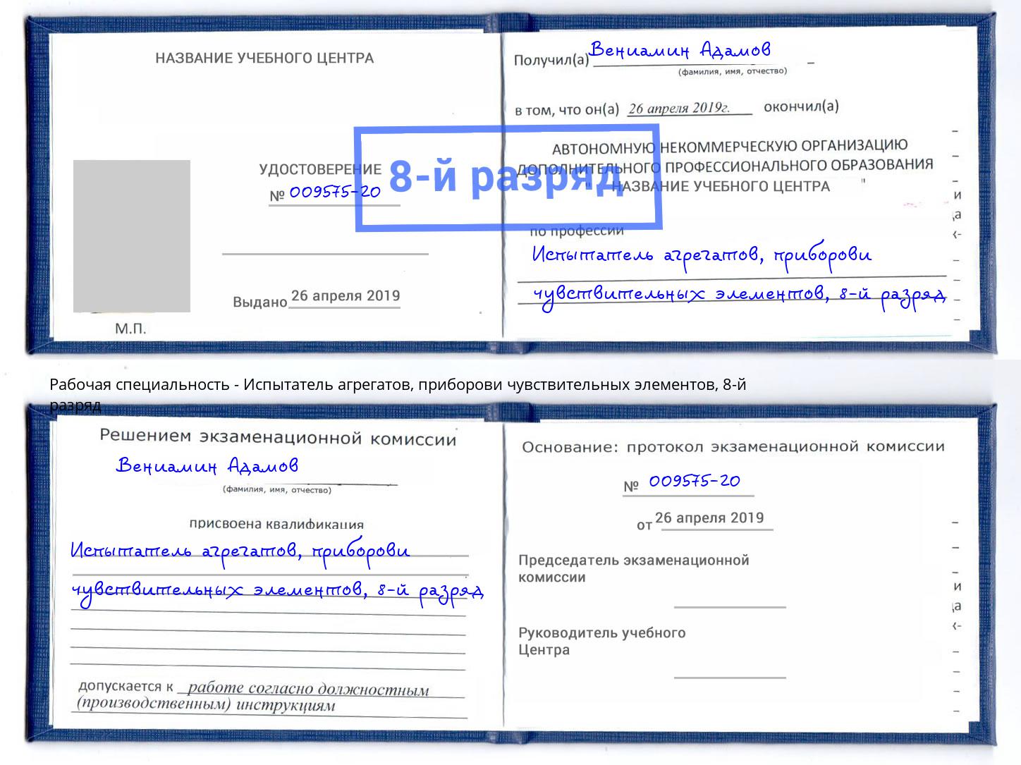 корочка 8-й разряд Испытатель агрегатов, приборови чувствительных элементов Лобня